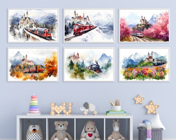 Preview of Set of 6 Watercolor Train and Castle in Four Seasons Wall Art Prints (Set 1)