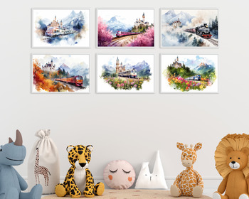 Preview of Set of 6 Watercolor Train and Castle in Four Seasons Wall Art Prints (Set 2)