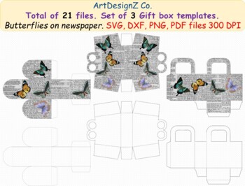 Preview of Set of Beautiful gift box templates with butterflies on newspaper