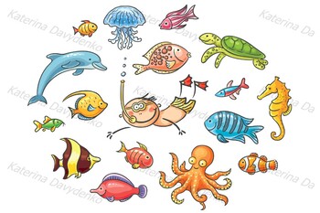 Set of cartoon sea animals & fishes by Optimistic Kids and Families Art