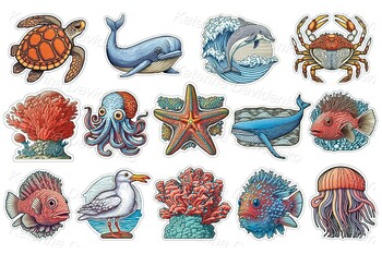 Set of cute cartoon stickers with sea animals, icons underwater life, ocean