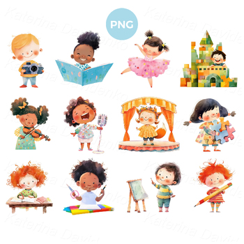 Preview of Set of isolated watercolor cartoon kids PNG clipart, children activities picture