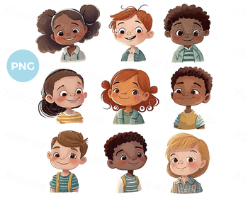 Preview of Set of multiethnic cartoon cute little boys and girls, smiling kids faces, child