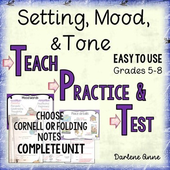 Preview of Setting, Mood, and Tone PowerPoint, Notes, Practice Worksheets, and Test