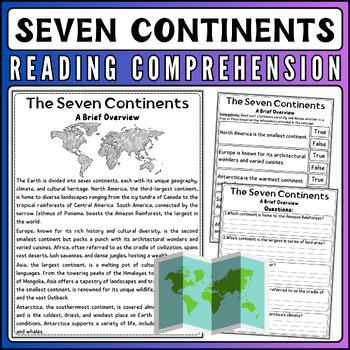 Preview of Seven Continents Nonfiction Reading Comprehension & Quiz, 7 Continents Reading