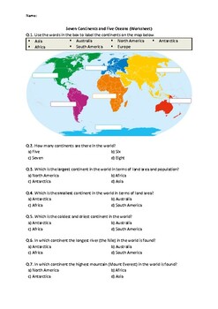 Preview of Seven Continents and Five Oceans - Worksheet | Easel Activity & Printable PDF