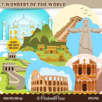 Preview of Seven Wonders of the World clipart, New Seven wonders, 7 wonders, travel clipart