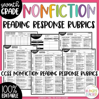 Preview of Seventh Grade Literary Nonfiction Reading Response Rubrics Editable CCSS