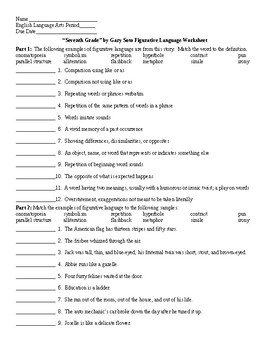 Preview of Seventh Grade by Gary Soto Figurative Language Worksheet & KEY