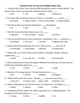 Seventh Grade by Gary Soto Multiple Choice Quiz & KEY by Lonnie Jones ...