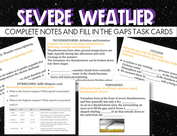 Preview of Severe weather printable task cards, complete and fill in the blank