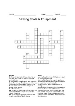 Sewing Tools Equipment Crossword and Answer Key by FACS with Tayler