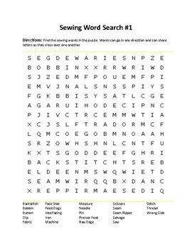 Preview of Sewing Vocabulary Word Search