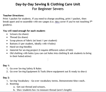 Preview of Hand Sewing & Clothing Care Unit Outline & Packet for Beginner Sewers- 12 Days!