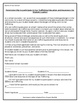 Preview of Sex Trafficking Education for Student Leaders Parental Permission Letter