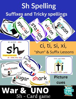 Preview of Sh sound spelling ci, ti, si, Card Games Chef vs Magician Suffix Syllable Lesson