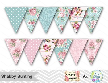 Party Banner Bunting Floral Blue & Pink Shabby Chic Personalised Hen Do Night