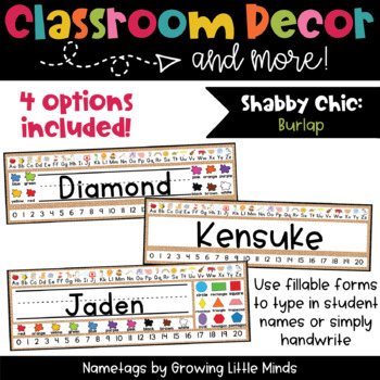 Preview of Shabby Chic Rustic Burlap EDITABLE Nametags Classroom Decor