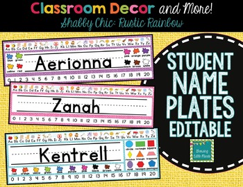 Preview of Shabby Chic Rustic Rainbow Burlap EDITABLE Nametags Classroom Decor