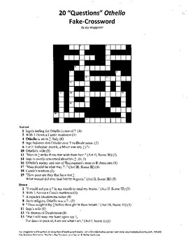 Shakespeare Othello Fake Crossword 20 questions all on theme