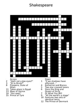 Shakespeare Plays Crossword by Ex Nihilo Arts and Culture TPT