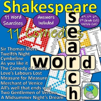 Preview of Shakespeare - The Comedy Plays - 11 wordsearches for character names BUNDLE