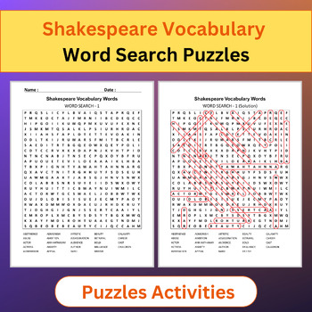 Preview of Shakespeare Vocabulary Words | Word Search Puzzles Activities