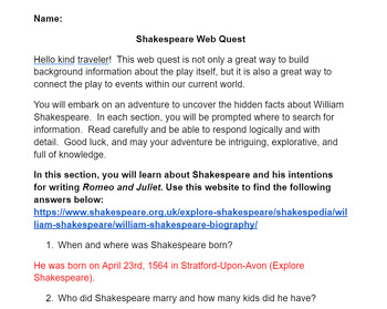 Preview of Shakespeare Webquest Answers