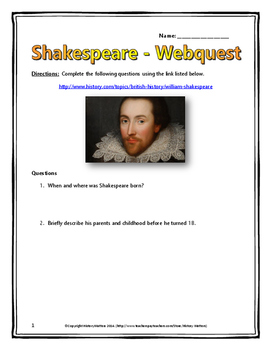 Preview of Shakespeare - Webquest with Key (His life and legacy)
