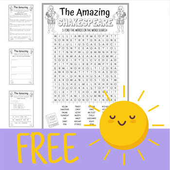 Preview of Shakespeare Wordsearch (with fact sheet and questions) FREEBIE