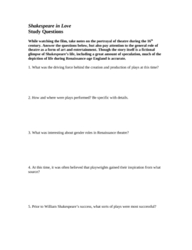 Preview of Shakespeare in Love: 2-page Study Guide for Film