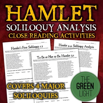 Preview of Shakespeare's Hamlet FOUR Soliloquy Close Reading Worksheets, Activities