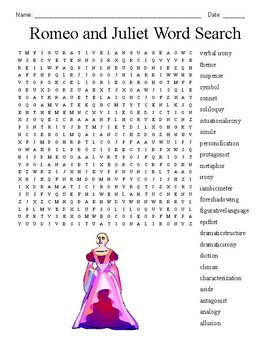 Preview of Shakespeare's Romeo and Juliet Word Search Puzzle Worksheet Sub Plan