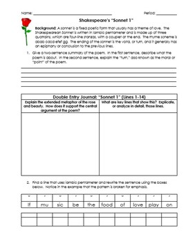 Preview of Shakespeare's Sonnet Worksheets with Double-Entry Journals and Guiding Questions