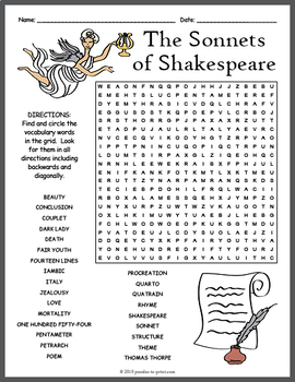 No Prep Shakespeare's Sonnets Word Search Puzzle Worksheet Activity