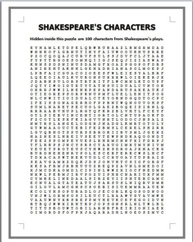 Preview of Shakespeare's 100 Characters Word Search Puzzle