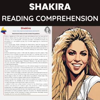 Preview of Shakira Biography Hispanic Heritage Reading Comprehension Worksheet