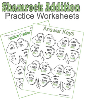Preview of Shamrock Addition Practice Worksheets | St. Patrick's Day Math, Four Leaf Clover
