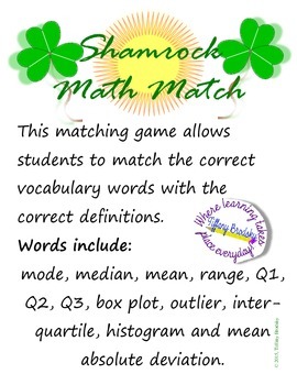 Preview of Shamrock Math Match: Vocabulary Game for Mode, Median, Box Plot, Histogram, etc.