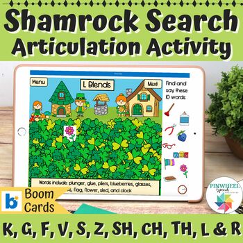 Preview of St. Patrick's Day Articulation Shamrock Search Boom Cards™ for Speech Therapy