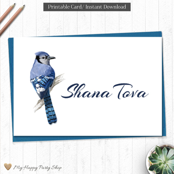 Preview of Shana Tova Card, Jewish New Year, Blue Jay Card, Jewish School 4"X6". Printable