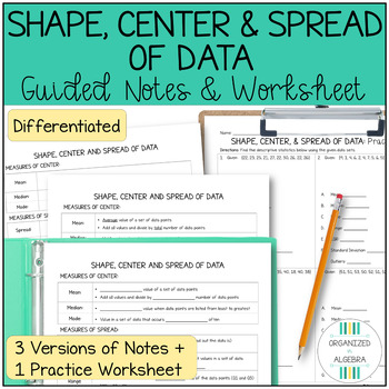 Preview of Shape, Center Spread of Data Analysis Algebra 1 Differentiated Notes Worksheet
