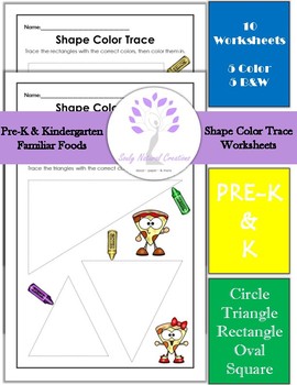 Preview of Shape Color Trace PreK-K Familiar Foods Math Worksheets