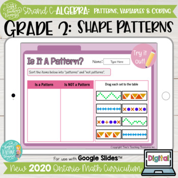 Preview of Shape Patterns Grade 2 2020 Ontario Math DIGITAL Strand C Algebra GOOGLE SLIDES