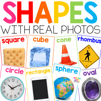 Preview of Shape Posters with 2d and 3d Shapes and Real Pictures | Rainbow Classroom Decor