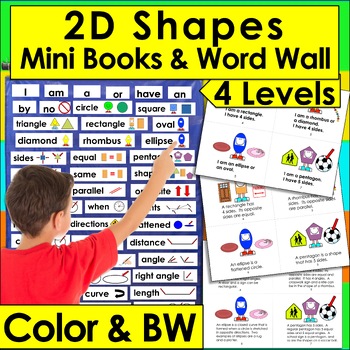 Preview of Shapes 2D Shapes Mini Books - 4 Reading Levels + Illustrated Word Wall