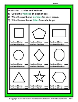 2d shapes find the number of sides and vertices grades