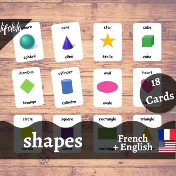 Preview of Shapes - FRENCH - English Bilingual Flash Cards | Geometric Shapes | 18 Cards