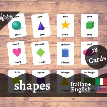 Preview of Shapes - ITALIAN - English Bilingual Flash Cards | Geometric Shapes | 18 Cards