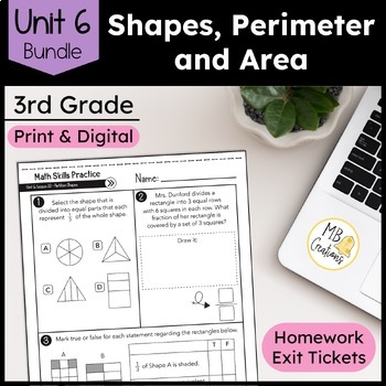 Preview of 3rd Grade Shapes, Perimeter, Area, & Partitioning Worksheets -iReady Math Unit 6